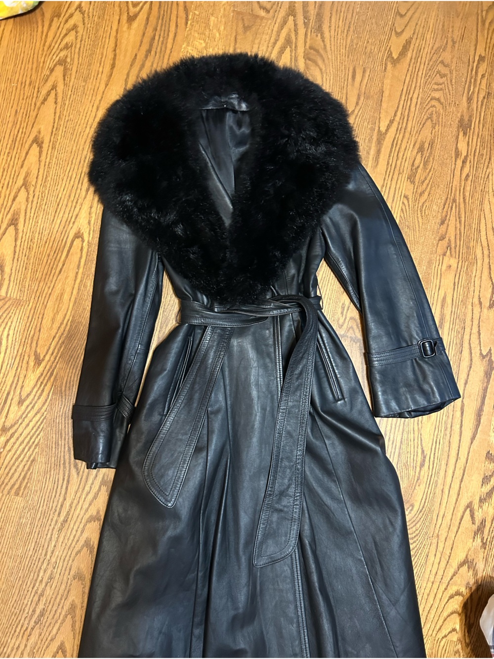 Black Leather Trench Coat with Real Fur Collar
